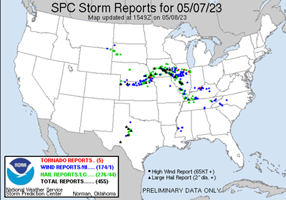 Figure 1: Storm reports of large hail, severe thunderstorm winds, and tornadoes, as shown on the NWS/SPC website.