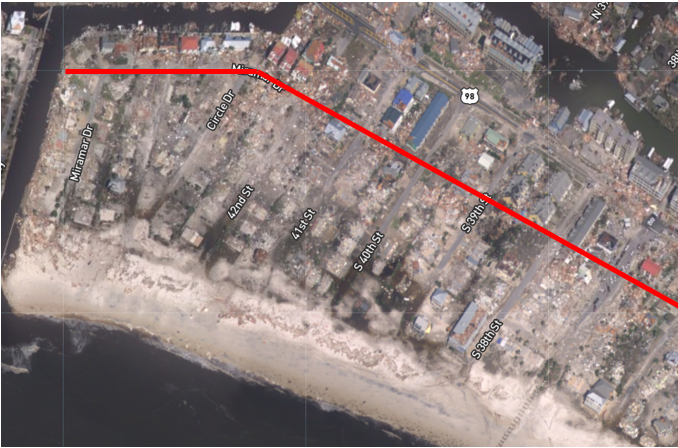 Figure 2 - Aerial imagery showing flood debris zone in Mexico Beach, Florida following Hurricane Michael (Source: National Oceanic and Atmospheric Association https://storms.ngs.noaa.gov/storms/michael/index.html#17/29.95110/-85.42426).