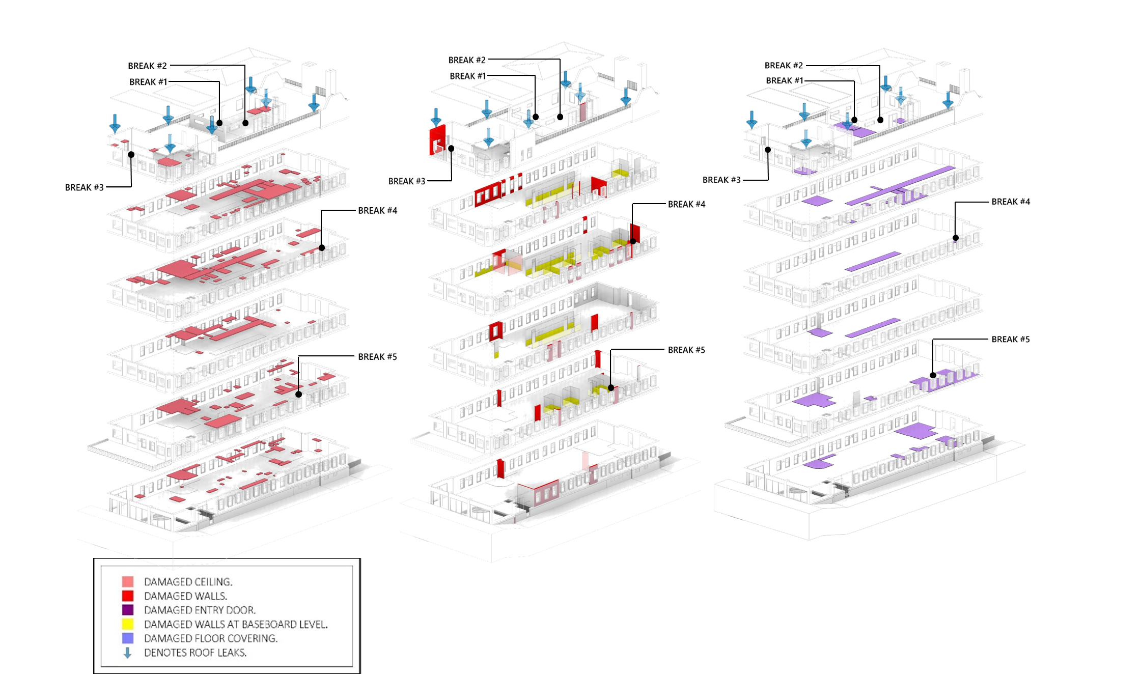 Figure 3 - Water damage project, animation representing sequence of pipe breaks, affected elements, and quantification of the damages.