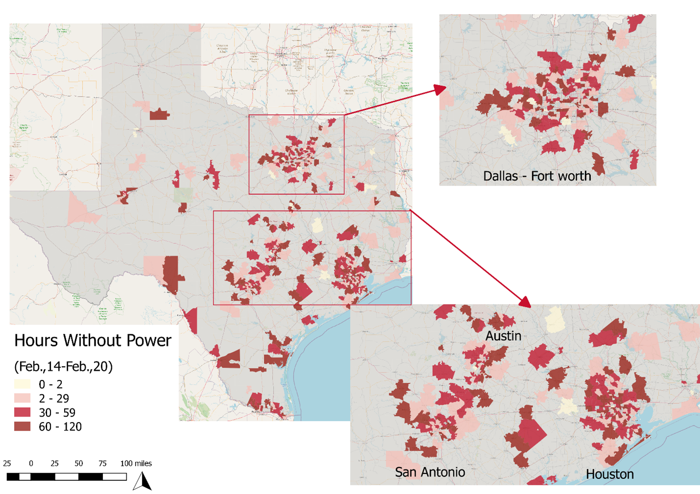 Figure 3 - Map of areas of Texas affected by loss of power from February 14 to February 20, 2021 during Winter Storm Uri.