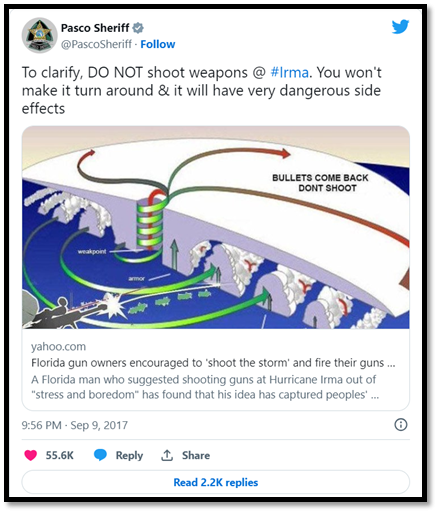 Figure 8 - Twitter response from @PascoSheriff (Pasco County, Florida) regarding a planned event to shoot at Hurricane Irma in 2017.